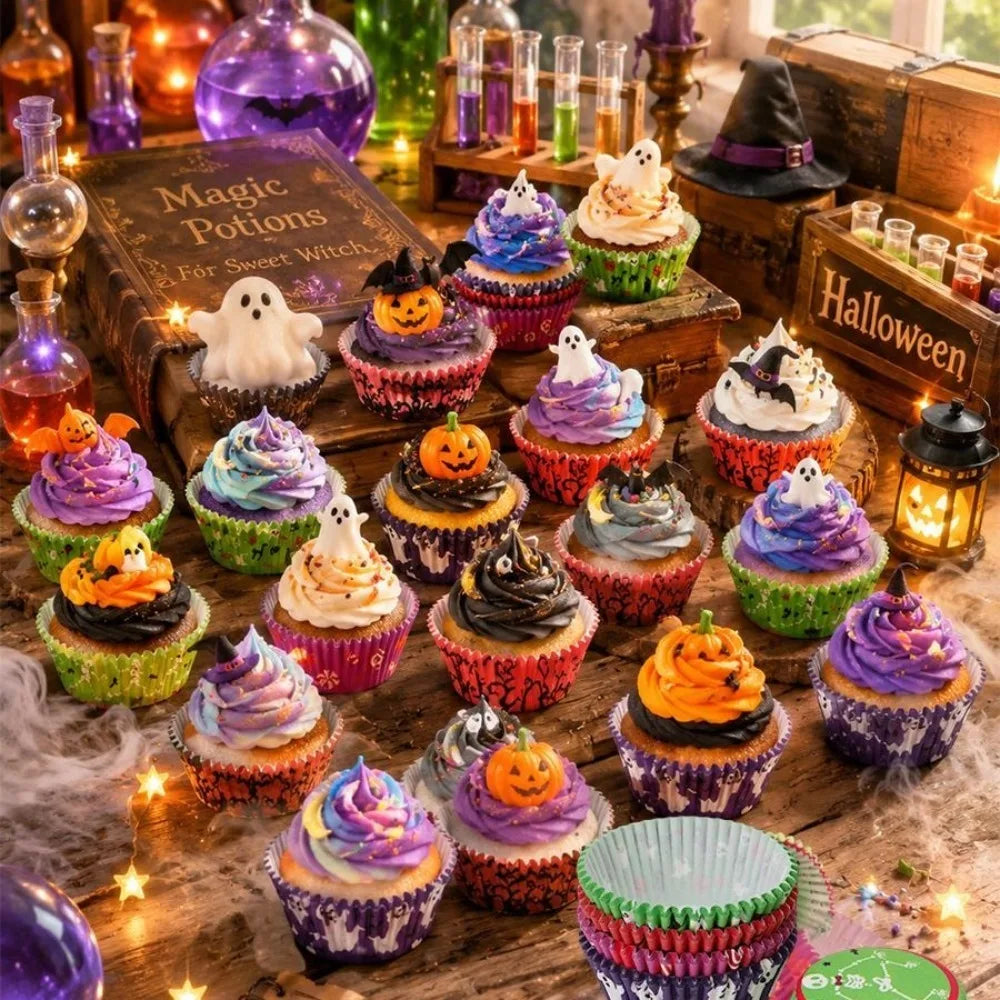 100PCS Halloween Cupcake Wrappers Toppers Pumpkin Ghost Cupcake Wrap Liners Halloween Party Dessert Cake Decoration Baking Cup Quake