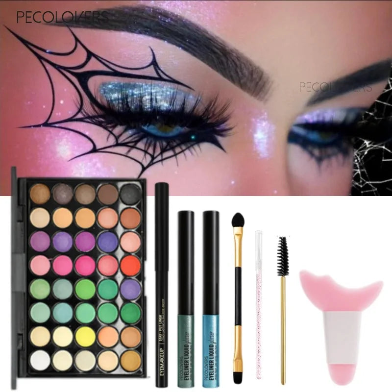 8PCS Face Set, Multi-color Eye Shadow Plate+eye Black+eyeliner Pen+makeup Tools, Waterproof and Durable, Halloween Makeup Quake