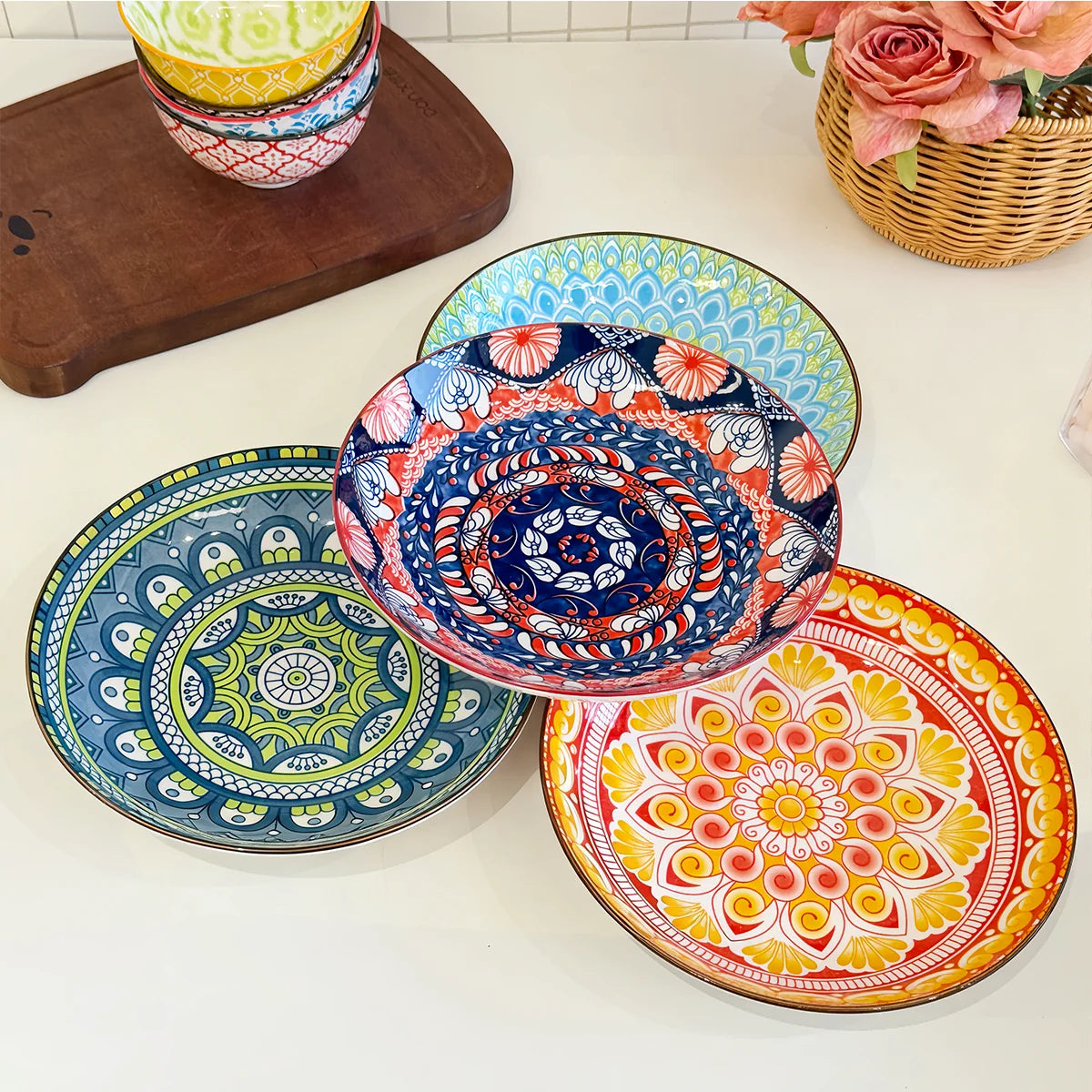 4-Piece Bohemian Pattern Ceramic Plate Set, 8.2 Inch/20.8cm, Multi-Use, Durable, Dishwasher & Microwave Safe Quake