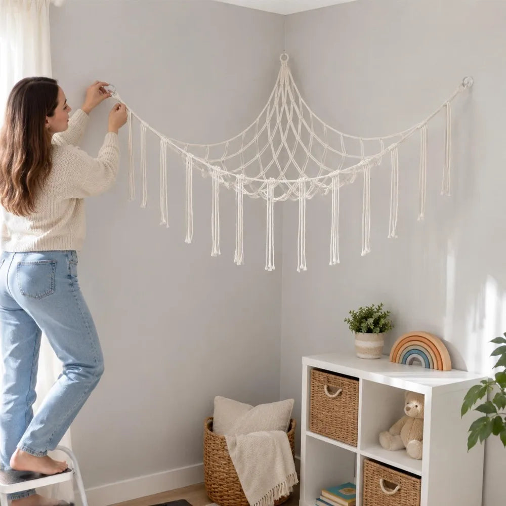 Toy Storage Mesh Hammock with Screws and Hooks Wall Corner Hanging Storage Net Large Size Triangular Woven Cotton Rope Mesh Bag Quake