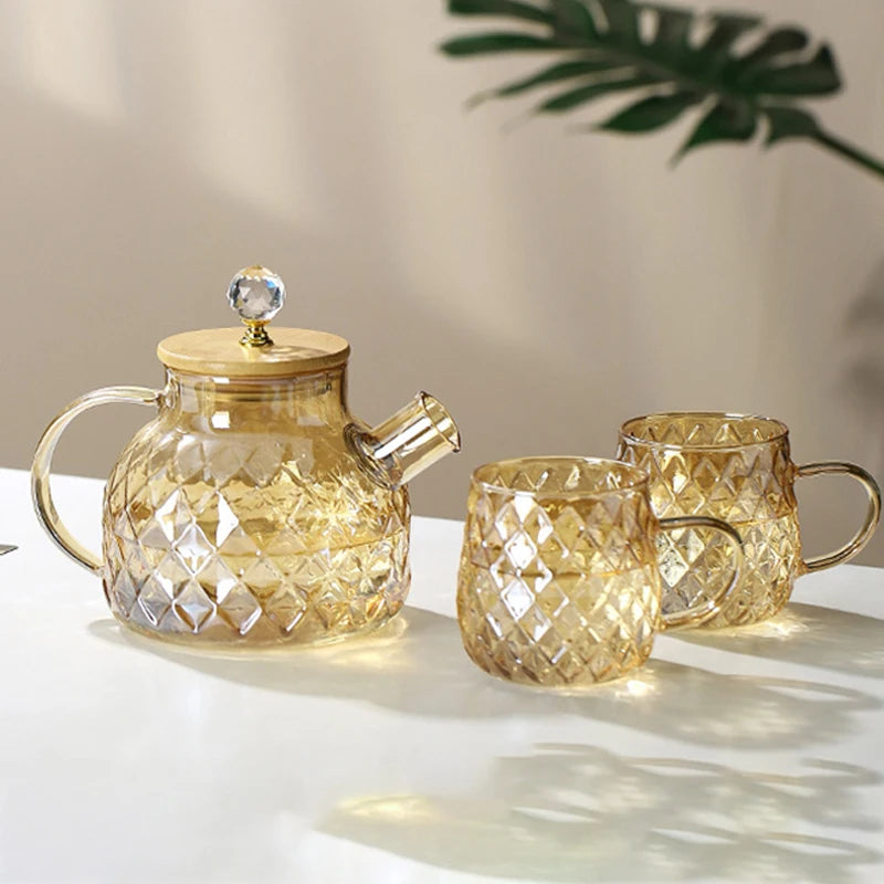 Glass Tea Kettle With Bamboo Lid And Removable Filter Spout Champagne Teapot For Loose Leaf Blooming Tea And Fruit Tea 1/15/1.8L Quake