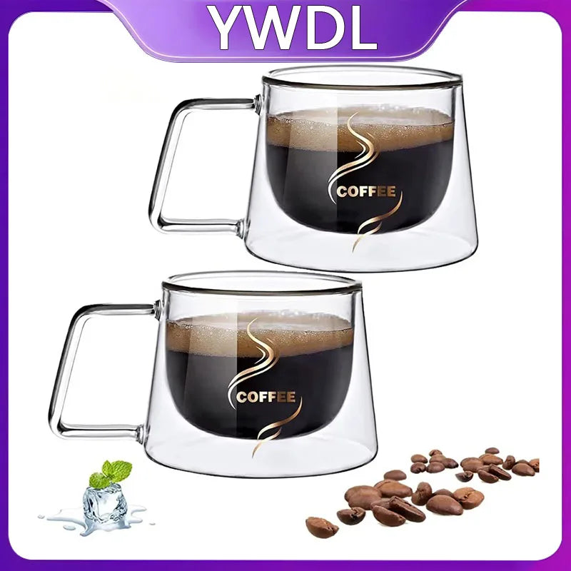 YWDL 2pcs 200ml Double Wall Glass Coffee Mug Heat-resistant Espresso Cup Thermo Insulated Cup Tea Water Drinkware Set Quake
