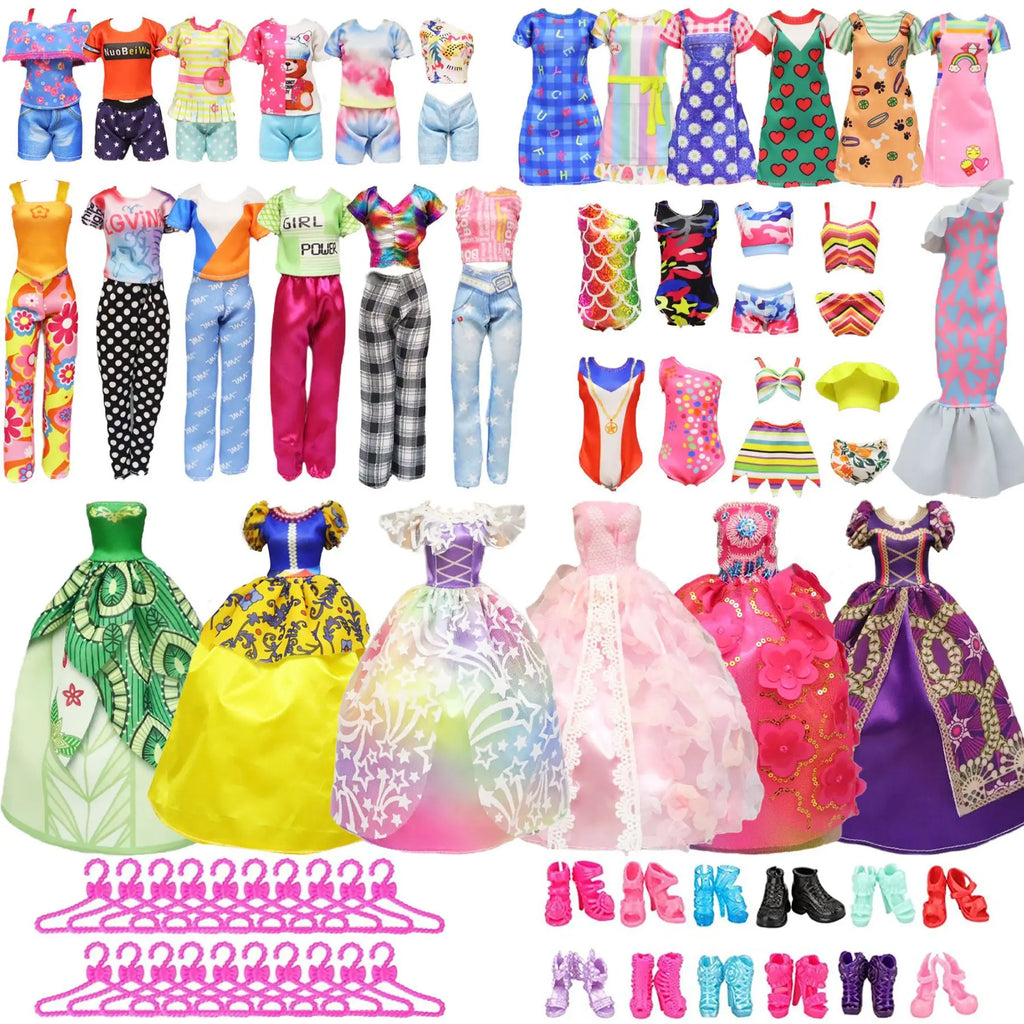 28pcs Fashion Dolls Accessories =1 Gown +3 Dress +2 Suit +2 Swimsuit +3 Glasses +10 Shoes +7 Hanger Clothes for 11.5'' Doll Toys Quake