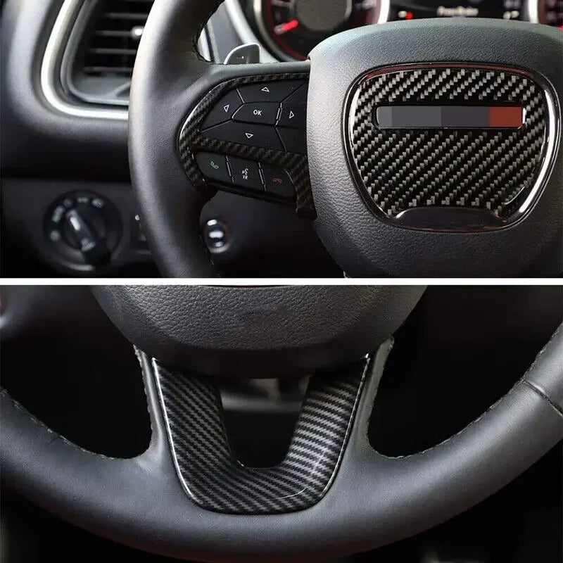 For Dodge Challenger Charger 2015-2021 Carbon Fiber Style ABS Interior Steering Wheel Trim Cover Button Frame Sticker Decoration Quake