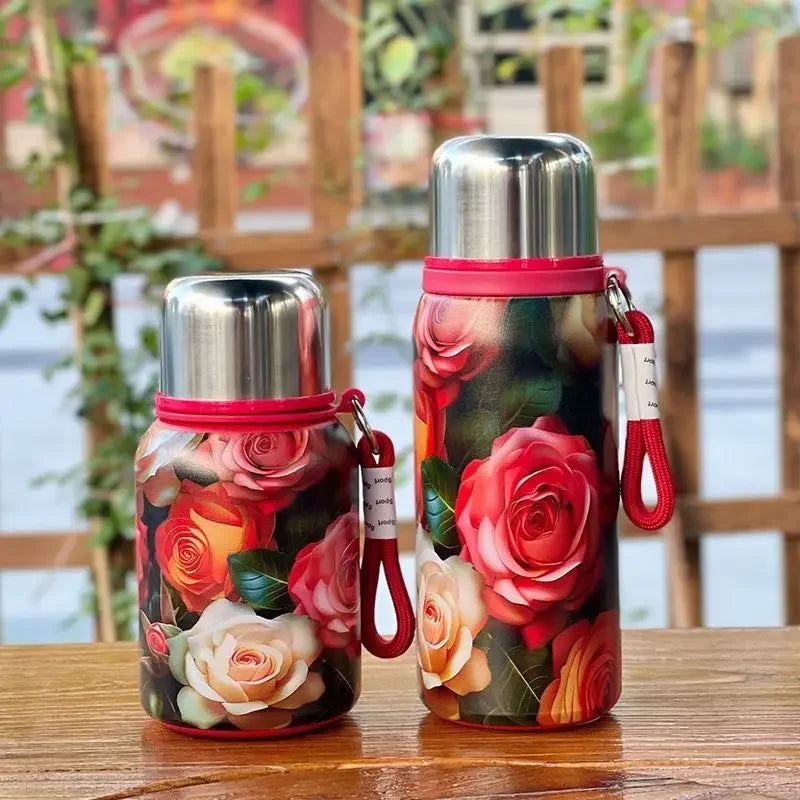 Retro and Bustling High-value Insulated Cup with Creative Rose Pattern Double-layer Water Cup Car Portable Drawstring Stew Cup Quake