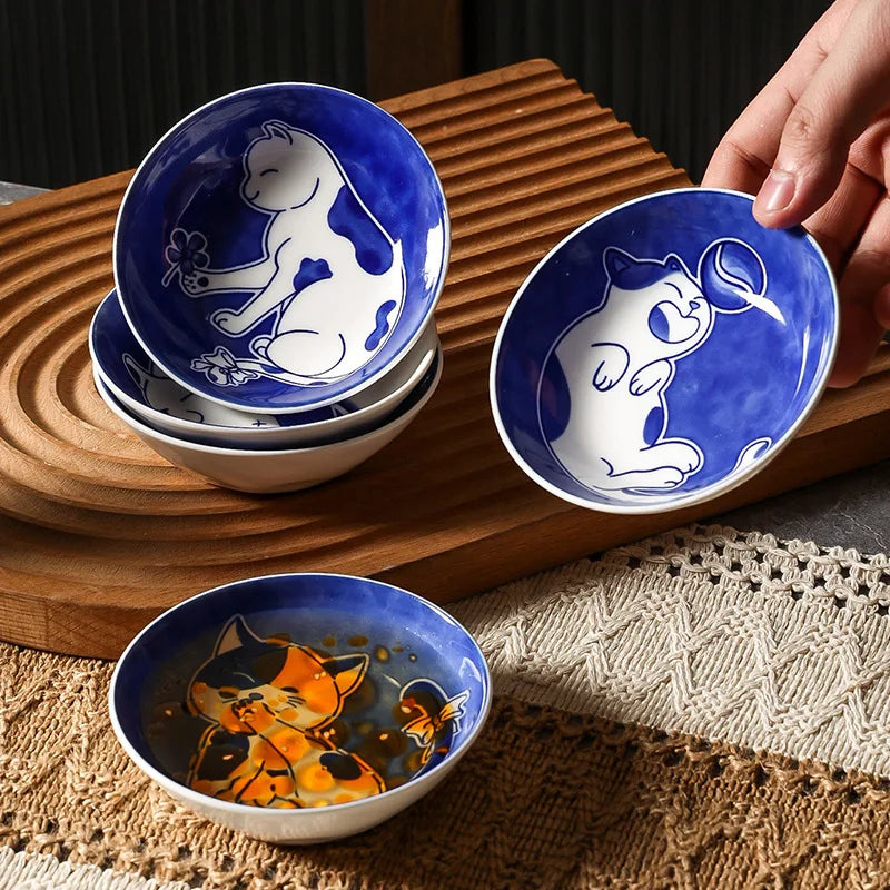 YWDL 4pcs Deeper Cat Ceramic Sauce Dish Set Cute Cartoon Soy Sauce Seasoning Household Tableware Dip Dish Sushi Sauce Snack Dish Quake