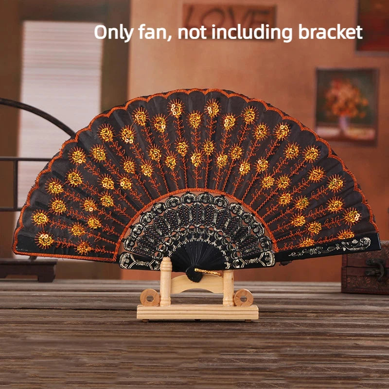 Folding Hand Fan Plastic Gold Powder Craft Fan White Wedding Party Chinese Style Dance Cloth Folding Fan Handheld Quake Orange