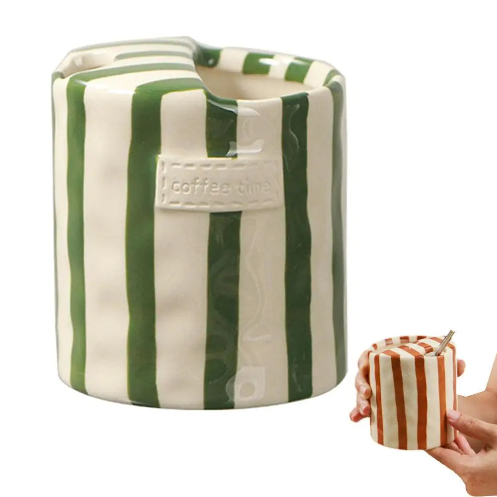Vintage Stripe Hand Painted Ceramic Mug Creative Dual Compartment Coffee Cup for Office Afternoon Tea Breakfast Quake Green 300ml