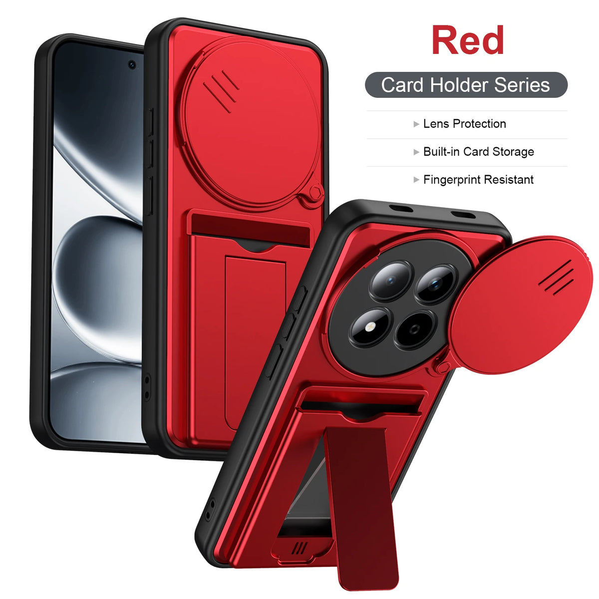 Foldable Stand + Card Holder Phone Case For Redmi NOTE15 PRO 4G Shockproof Hybrid Phone Protector, Soft Hard 2-In-1 Design Quake Red Redmi note 15 Pro 4G