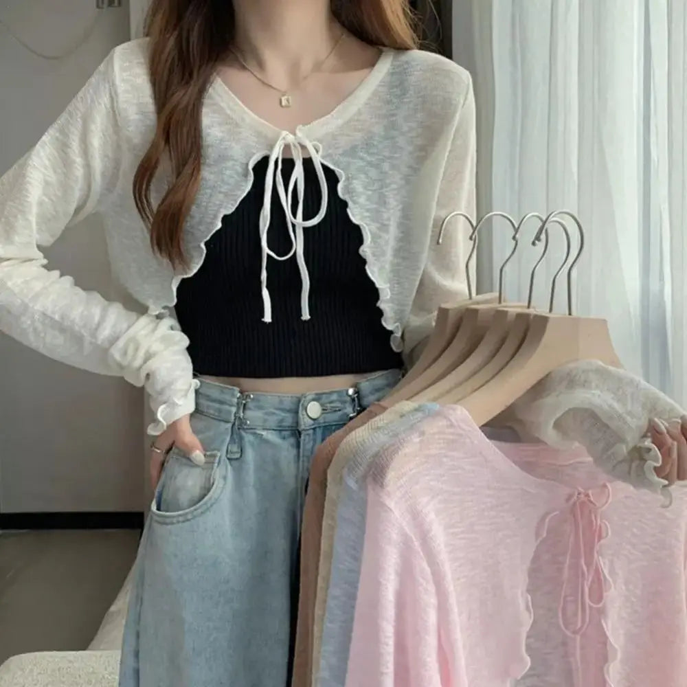 Thin Sunscreen Cardigan Ruffle Design Long Sleeve Sun Protected Polyester Sunscreen Clothing Short Coat Casual Women Quake