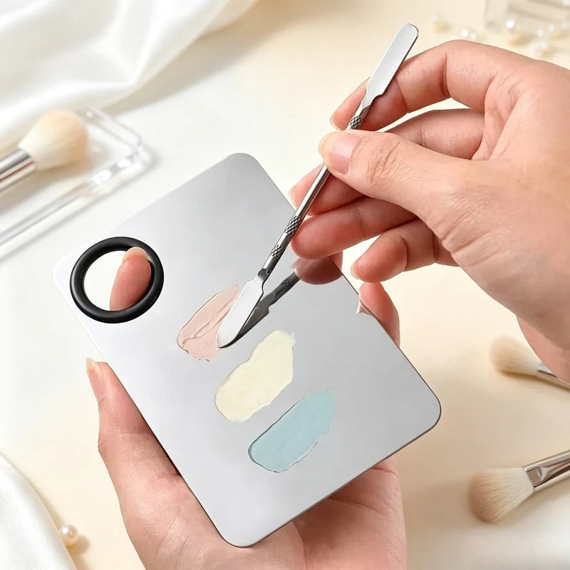 Stainless Steel Foundation Mixing Palette Makeup Blending Tray with Spatula Portable Durable Cosmetic Color Mixing Beauty Tool Quake