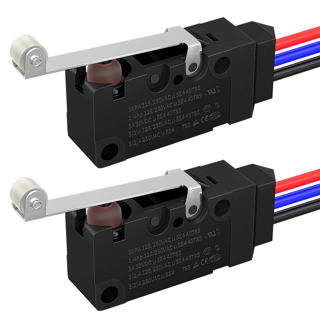 2PCS Waterproof Micro Limit Switch with Long Straight Roller Lever SPDT 3 PIN Pre-wired 10A 125 250V Micorswitch for Electronic Quake Roller Lever