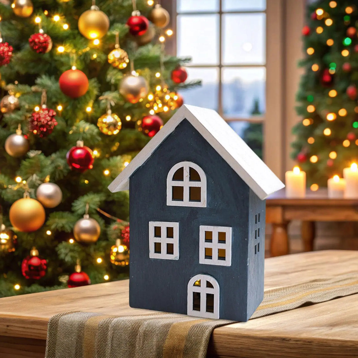 LED Lighted Christmas Village House Ornament Wood Tabletop Decoration for Room Aesthetic Holiday Setup Quake 17cm dark blue