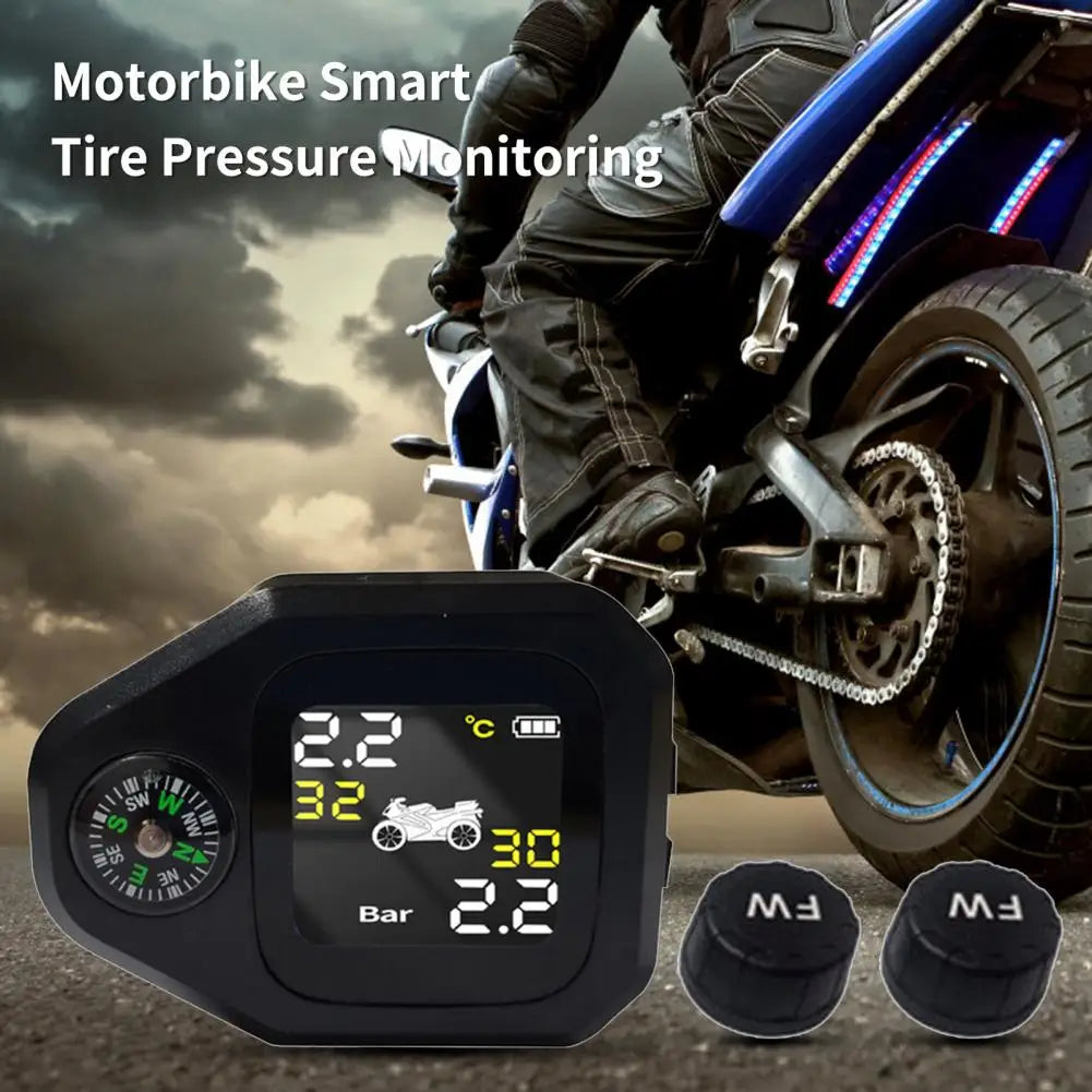 Motorcycle TPMS with Compass Dustproof LCD Screen High-Precision External Sensor Tire Pressure Monitor for Motorcycle Quake