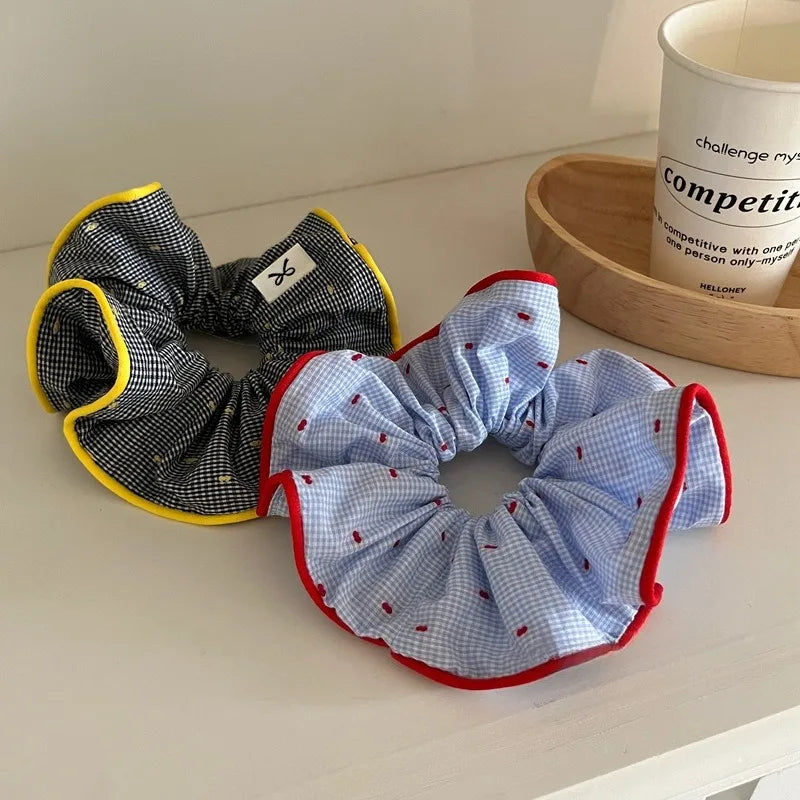 Retro Colorful Ruffles Hair Scrunchies Plaid Headbands for Womens Girls Sweet Romance Hair Ropes Rubber Bands Hair Accessories Quake