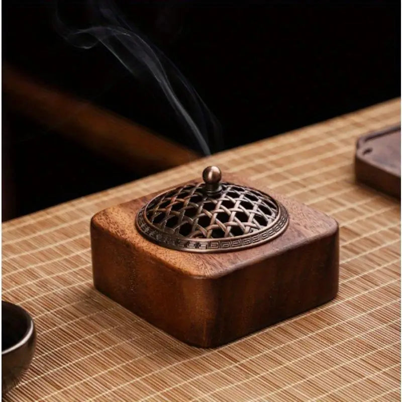 Walnut Square Aromatherapy Incense Burner Hollow Wooden Box Home Indoor Sandalwood Coil Incense Desktop Ornament Quake
