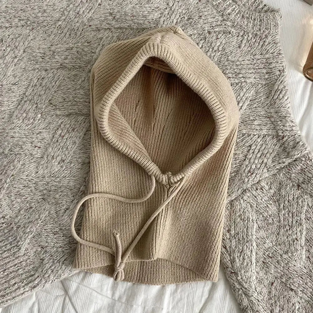Winter Knitted Hooded Scarf Hat Warm Balaclava Hats Outdoor Ear Protection Beanies Solid Color Warm Drawstring Mask Scarf Cover Quake Khaki