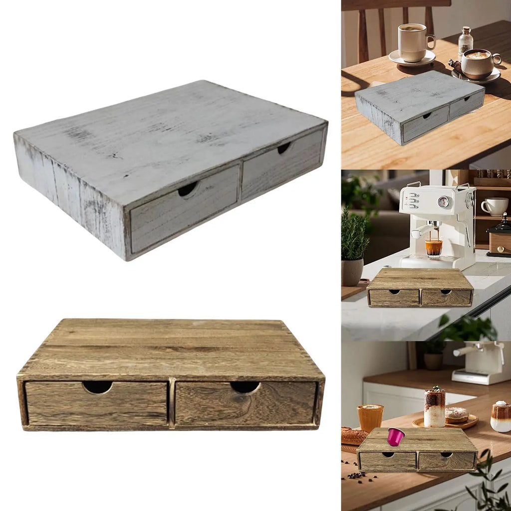 Coffee Pod Holder 2 Drawers Coffee Maker Machine Stand for Capsules Vintage Wooden Organizer for Office Coffee Accessories Quake