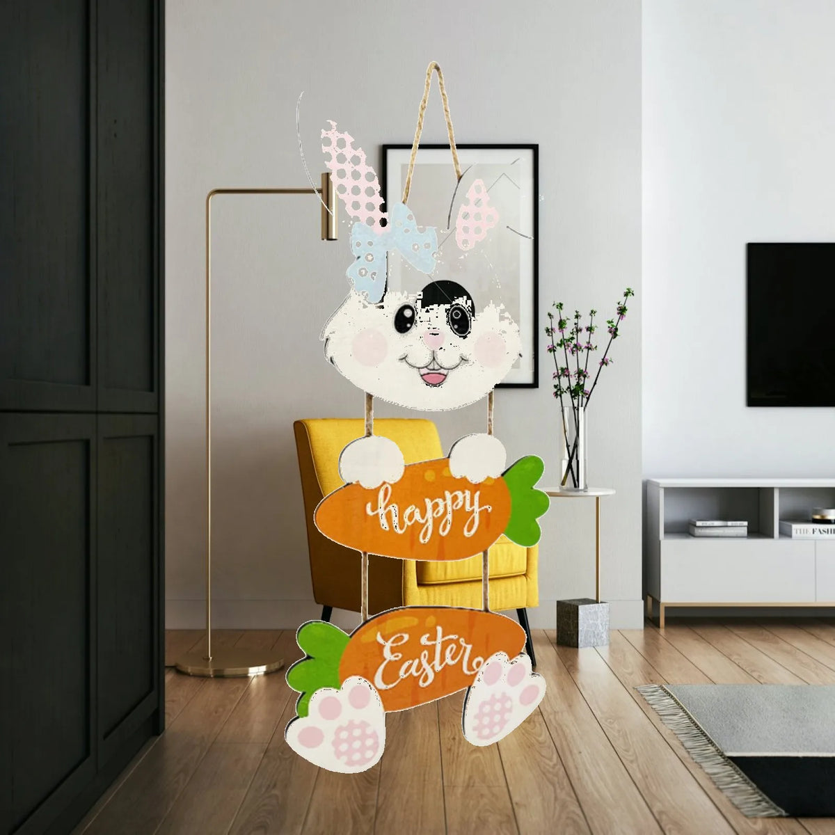Happy Easter Hanging Sign, Easter Bunny Hanging Ornament, Wall Garden Adorable Carrot Door Sign, Window Wood Rabbit Decor Quake Default Title