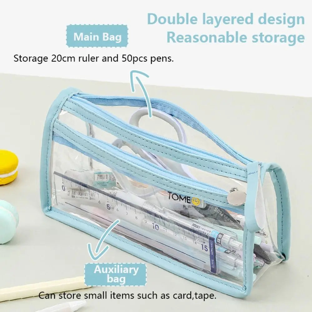 Double-Layer Large Capacity Pen Bag Student Transparent Waterproof Stationery Bag Portable Pencil Case Stationery Organizer Quake