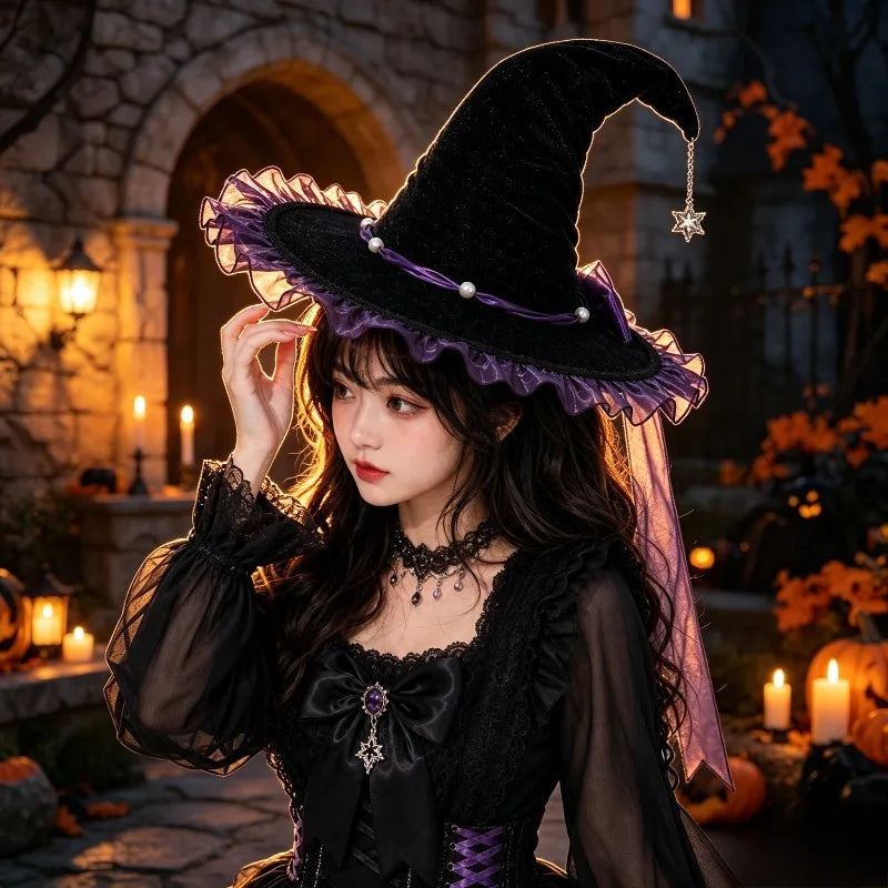Halloween Witch Wizard Party Hat Black Purple Bow Gothic Lolita Cosplay Costume Headwear for Festival Party Decoration Quake