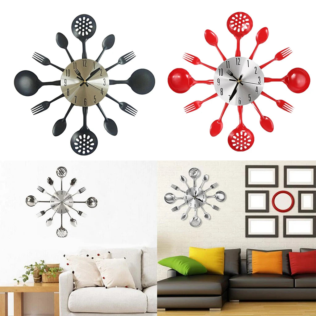 Kitchen Utensil Wall Clock Cutlery Spoon Fork Home Decor Metal Quake
