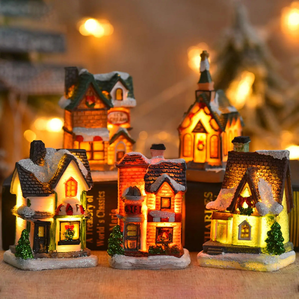 Light up Christmas Village House Decoration Miniature Landscape Desktop Ornament Quake