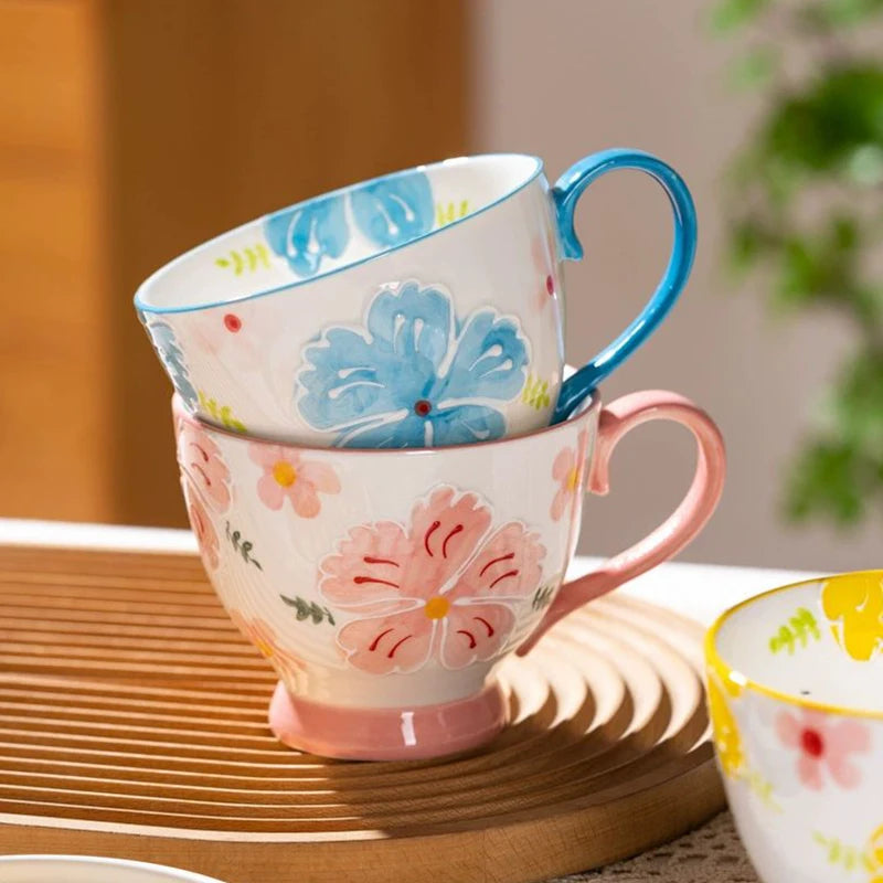 1pcs Flower Ceramic Mug Heat-resistant Breakfast Milk Oat Cup Hand Drawn Large Capacity Juice Handle Cup Microwave Safe 450ml Quake
