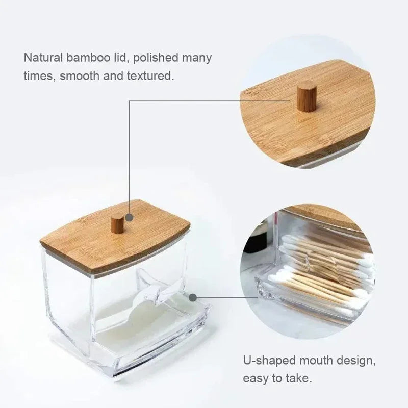 Organize Box Double Head Cotton Swab Storage Box Cotton Container Transparent Square Bamboo Cover Cotton Swab Toothpick Quake
