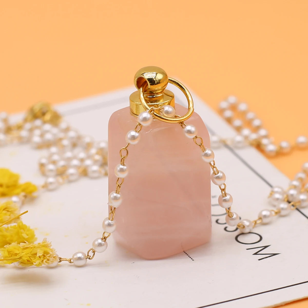 Perfume Bottle Necklace Natural Stone Rose Quartz Perfume Bottle Faceted Pendant For Women Christmas Halloween Gift Chain 80cm Quake