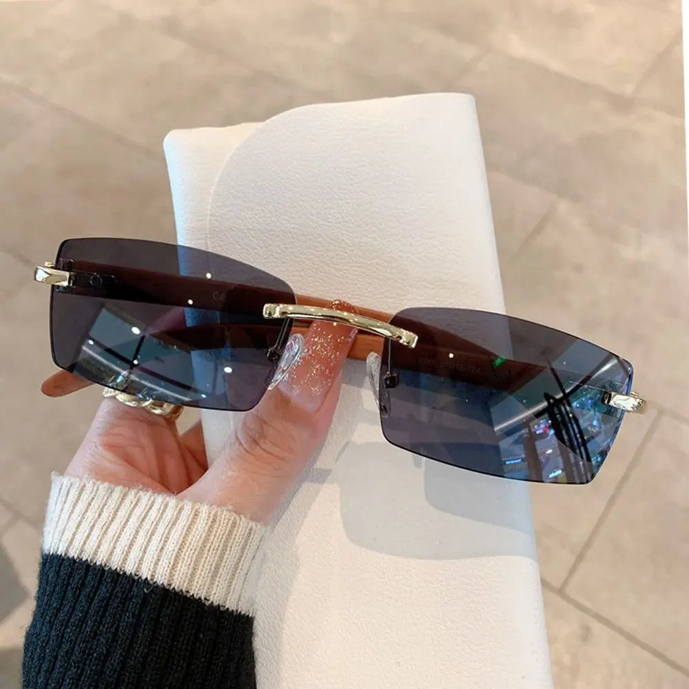 Trendy Punk Sunglasses Rimless Rectangle Sun Glasses for Women Men UV400 Driving Shades Fashion Frameless Gradient Eyewear Quake Gold-Black