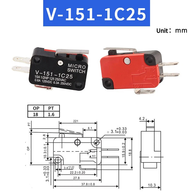 Small Travel Limit Switch V-152/156-1C25 Self-resetting 3-pin Miniature Push Button Tactile Microswitch Quake V--151-1C25 1PCS