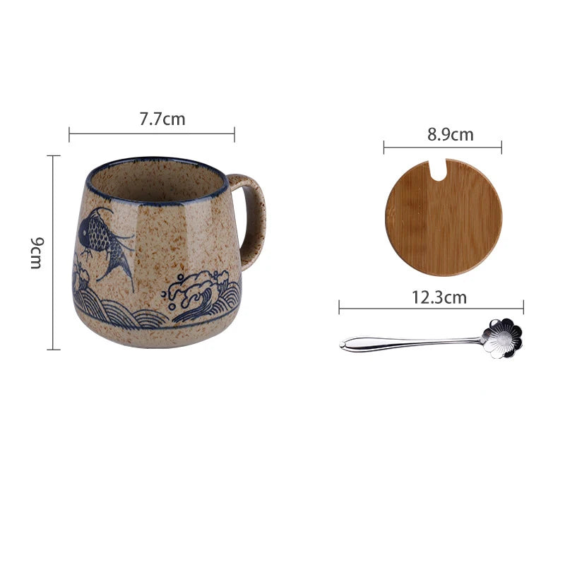 YWDL 350ml Japanese Ceramic Coffee Mug With Lid And Spoon Milk Breakfast Cups Home Heat-resistant Teacup Tumbler Water Mug Gift Quake F with spoon lid 350ml