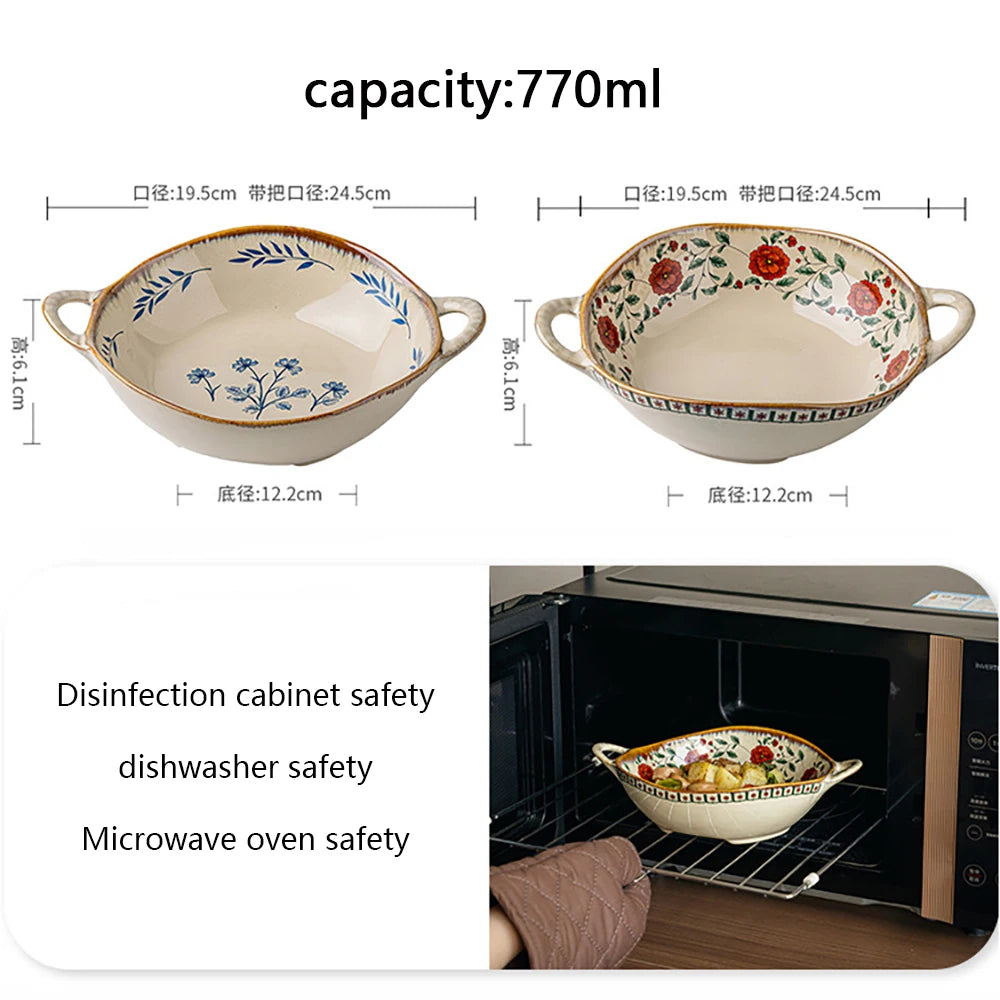 Vintage Floral Double Handle Ceramic Bowl Microwave Safe Salad Soup Bowl Porcelain Noodle Pasta Bowl Home Kitchen Tableware Quake