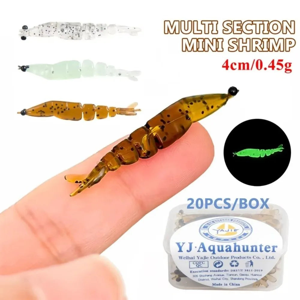 20pcs/box 4cm Length Luminous Shrimp Swimbaits 0.45g Weight Luminous Design Carp Fishing Baits Soft Silicone Glowing Effect Quake
