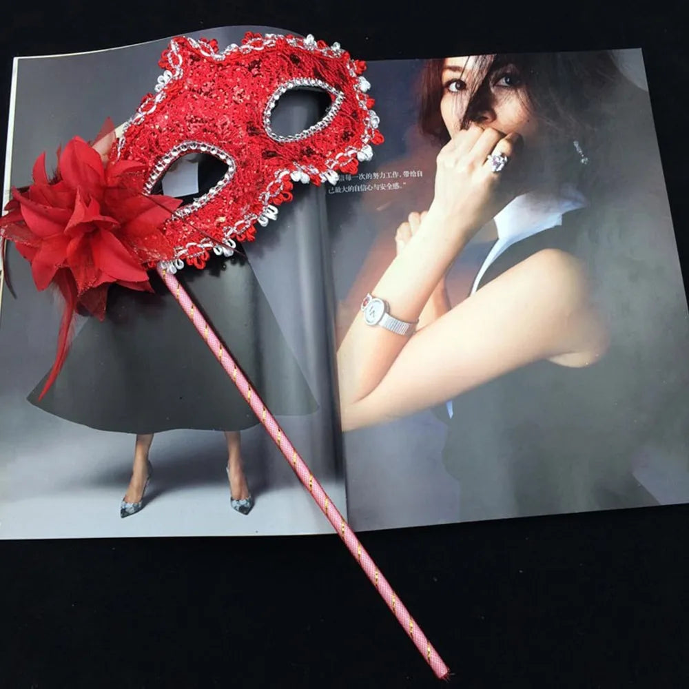Stick Side Feather Flower Handheld Masquerade Masks Festival Costume Party With Holding Stick Translucent Half Face Mask Feather Quake Red