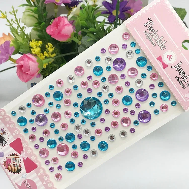Rhinestone Crystal Face Stickers Diamond Face Makeup DIY Decoration Disposable Acrylic Tattoo Stickers Drill Phone Eyes Sticker Quake Round-sky blue pink