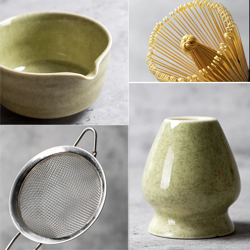 YWDL 6pcs Japanese Matcha Tea Set Ceramic Bowl with Spout 100 Prongs Bamboo Whisk Chasen Holder Sifter Sage Green Gift Box Quake