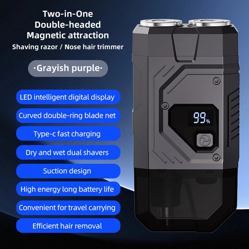 Magnetic Double Blade Electric Shaver for Men Mecha Punk Style Rechargeable LCD Quake Gray