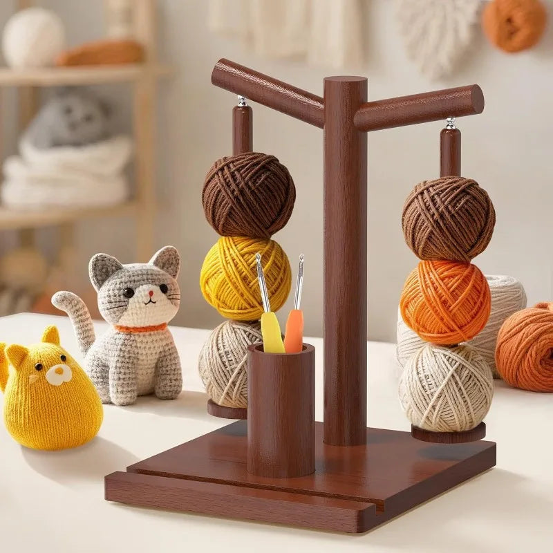 Wooden Yarn Winder Stand Rotating Double Head with Phone Holder for Knitting Crochet Thread Ball Organizer Craft Spindle Crafter Quake
