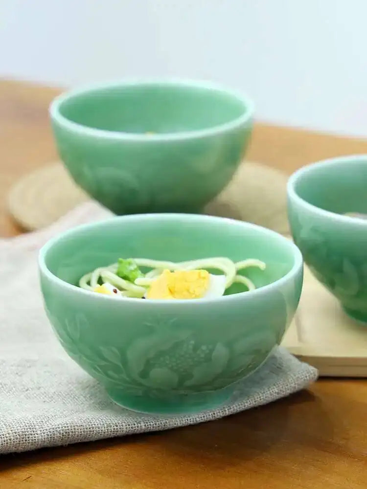 Longquan Celadon Engraved Bowl Ceramic Rice Bowl Chinese Rice Bowl Soup Bowl Quake
