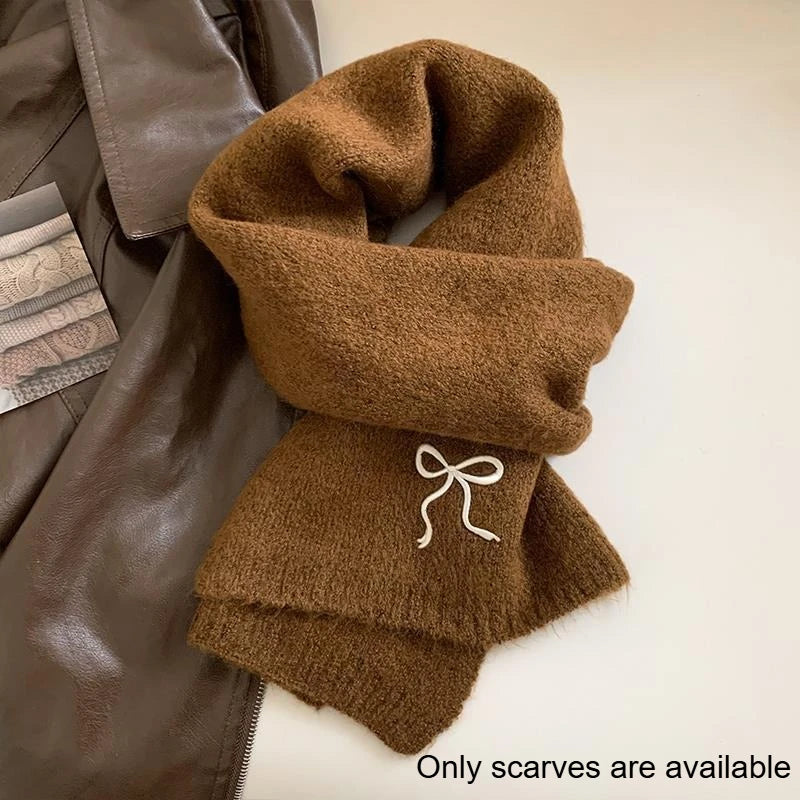 1pc College Style Imitation Cashmere Scarf Winter New Item Solid Color Embroidered Bow Couple Scarf Quake Coffee