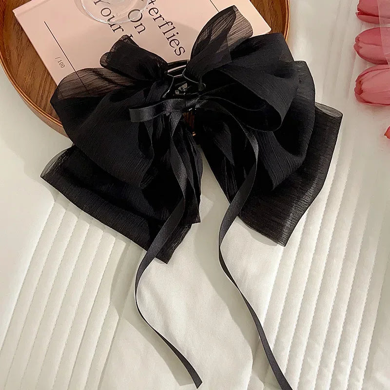 Korean Mesh Bowknot Hair Claw Sweet Ribbon Bow Hairpin Bang Clip Korean Girls Fashion Grab Clip Female Headwear Hair Accessories Quake Black