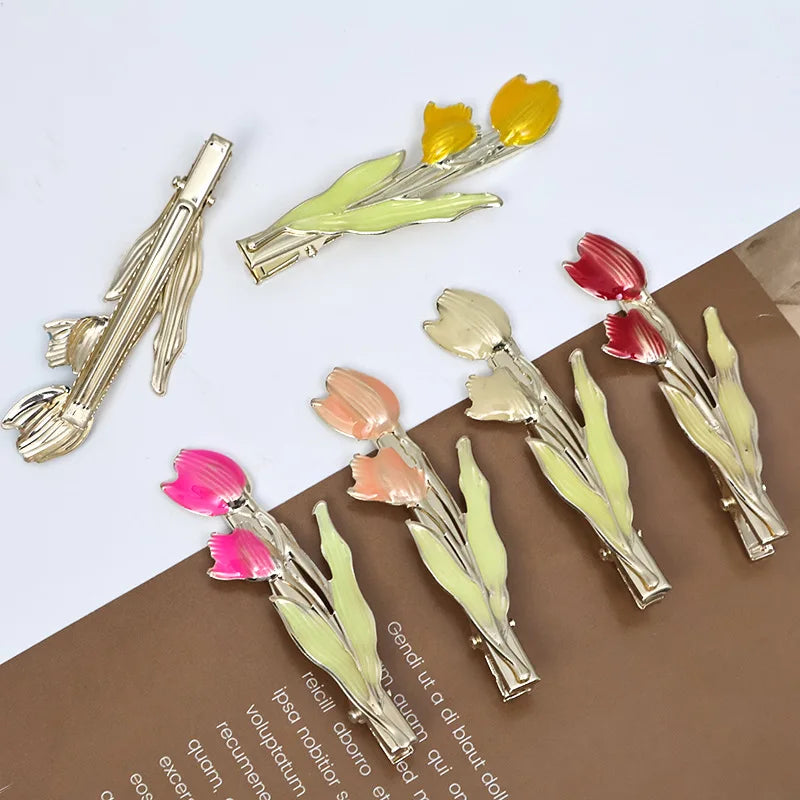 Fashion Korean Colorful Dripping Flower Hairpin Tulip Metal Duck Bill Bangs Girls Women Headwear Hair Styling Tools Accessories Quake