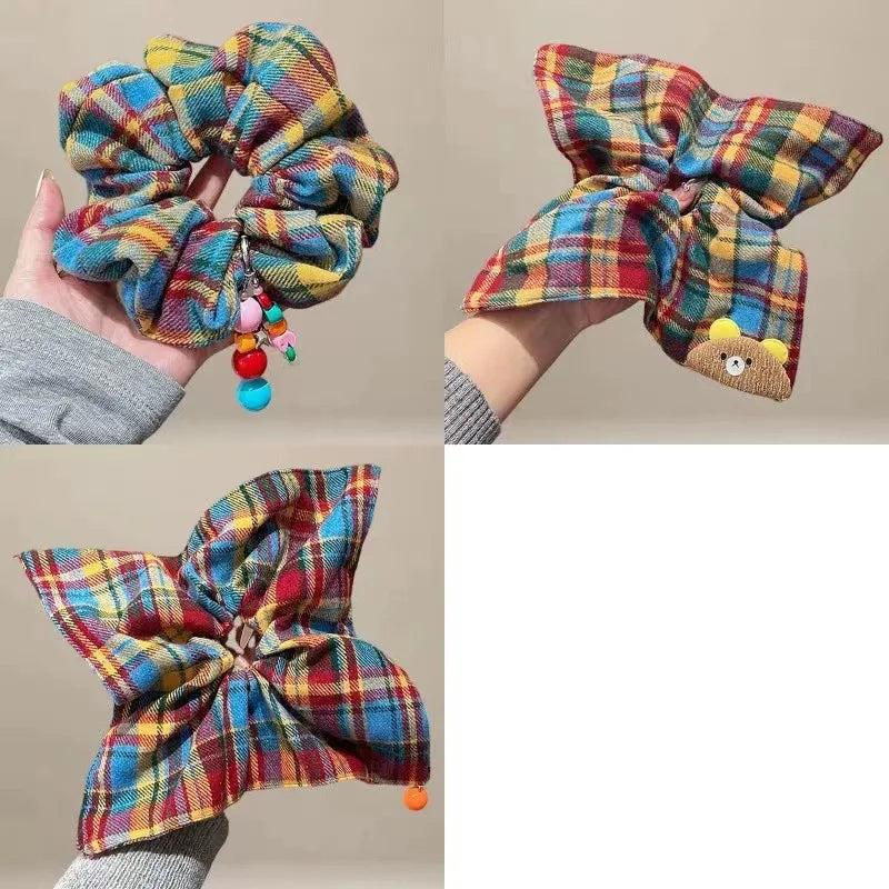 Cartoon Bear Hair Scrunchies Rainbow Plaid Funny Sweet Kawaii Hairbands Headwear Fashion Versatile Hair Styling Accessories New Quake