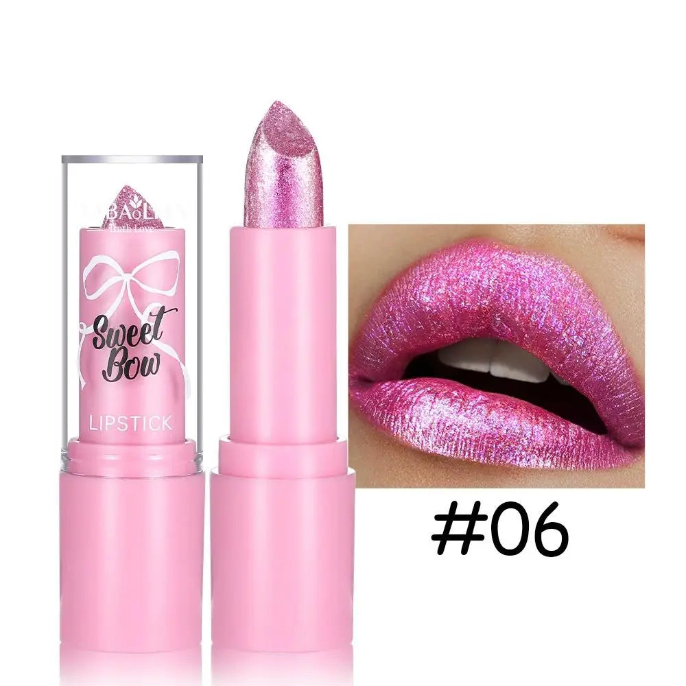 Metallic Pink Glitter Lipstick Long Lasting High Shine Diamond Nude Shimmer High Impact Full Coverage Sexy Lip Makeup for Women Quake 06