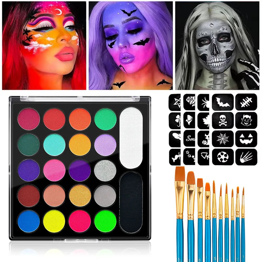 22 Color Face Body Painting Kit for Kids Adults,Face Paint Makeup Palette with Brush,Halloween Carnival Artist Cosplay Art Party Quake 3pcs-10Brush