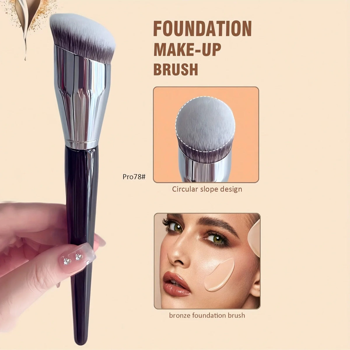 Profession Foundation Brush, Round Oblique Head, Soft Bristles Kabuki Brush for Contouring, Dense Bristles Quake 1 PCS
