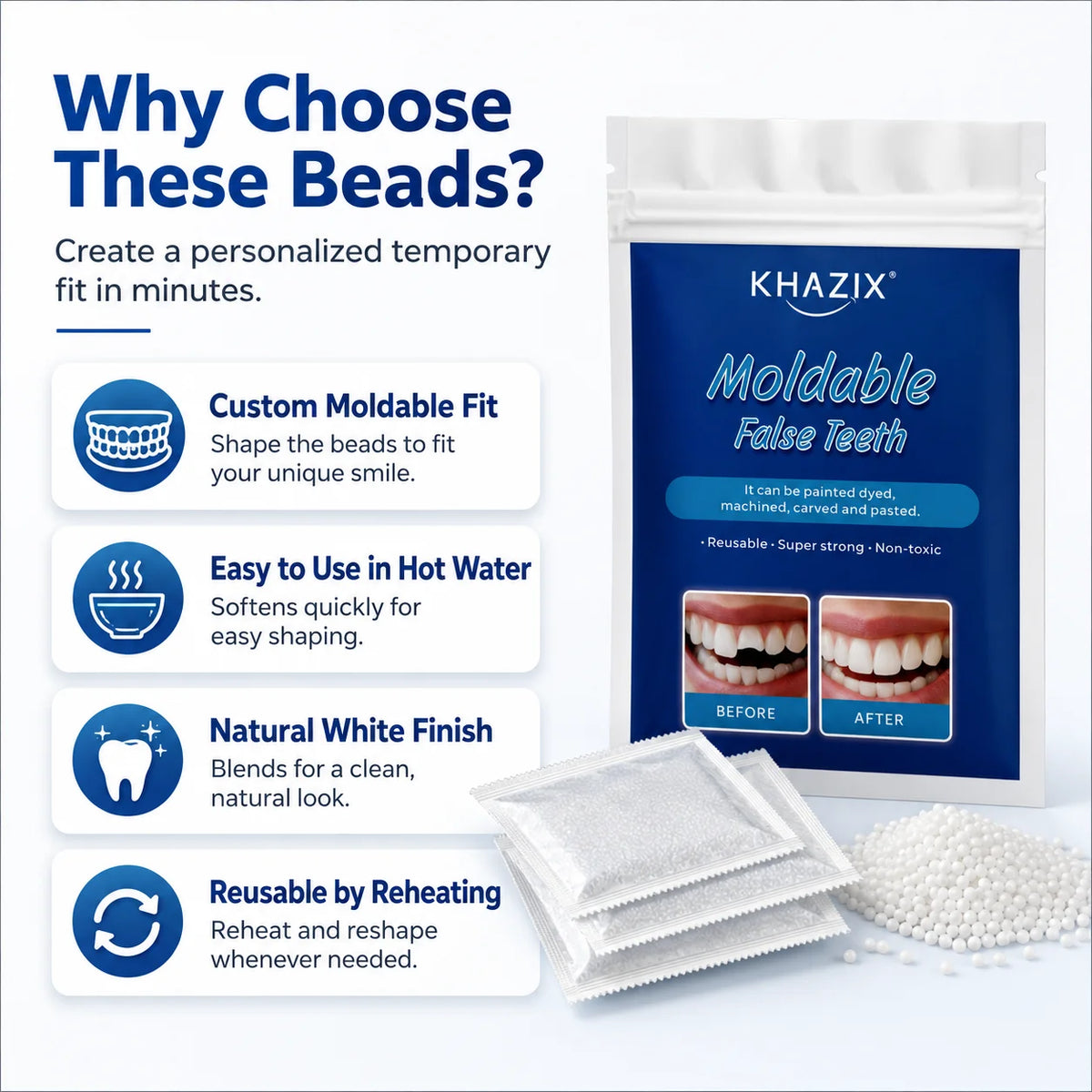 10g Temporary Teeth Beads DIY Cosmetic Smile Fix Moldable White Beads Easy to Shape for Natural-Looking Teeth Quake