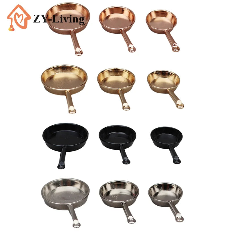 3pcs/Set 1:12 Dollhouse Miniature Frying Pan Casserole Metal Cookware Kitchen Model Decor Toy Doll House Accessories Quake